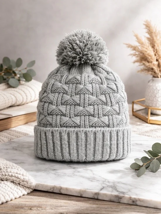 UGG Australia Gray Cable Knit Pom Pom Beanie Hat Cozy Winter Cap NWT - Picture 3 of 3